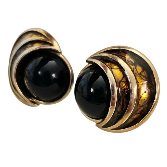 Gold Tone Crescent Moon Round Black Lucite Clip On Earrings, Signed M Jent - Picture 3 of 10